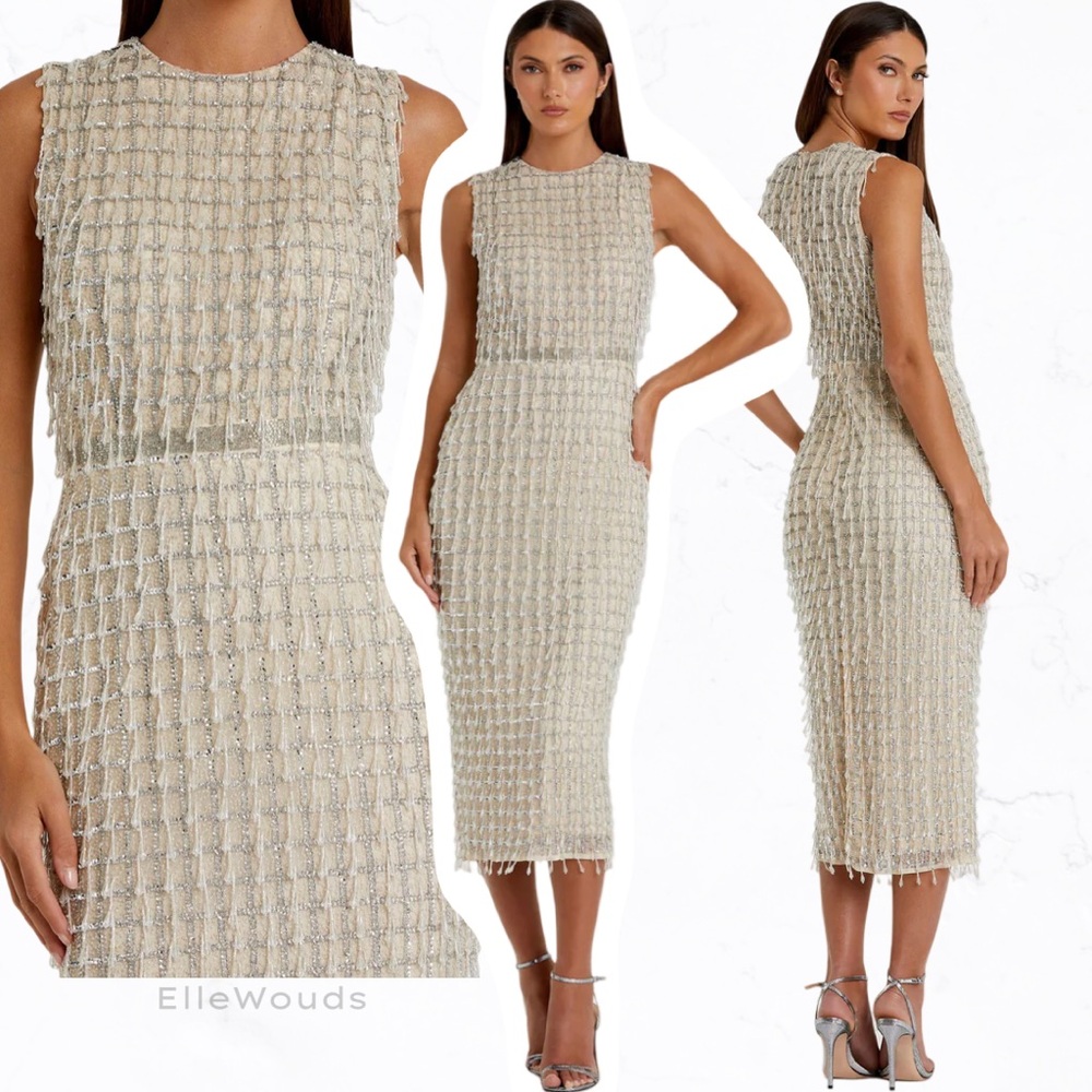Mac Duggal Cream Tweed Midi Dress with Silver Threading